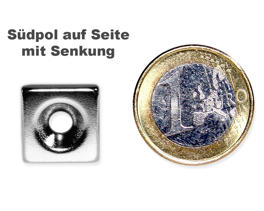 Quadermagnet 15,0 x 15,0 x 4,0 mm Neodym N35 vernickelt - 4,5 mm Senkloch Süd